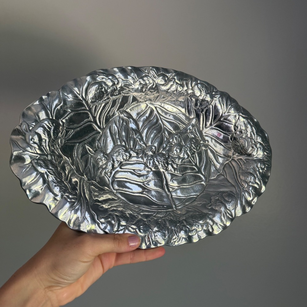 Arthur Court 1990 Aluminum Bunny Rabbit Cabbage Leaf Oval Serving Platter 14.5"